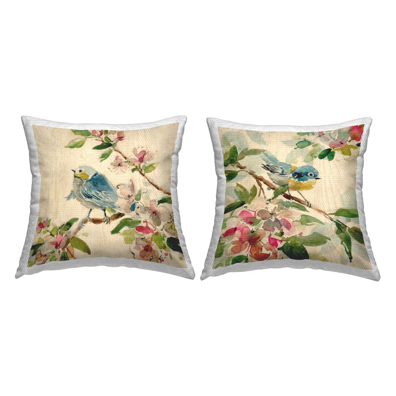 Perched Spring Birds 2 PC Outdoor Printed Pillow Set Design by Carol Robinson, 18 x 7 x 18